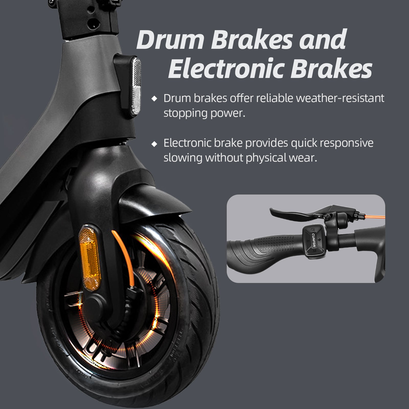 CUNFON RS300 electric scooter dual brake system: drum brakes for weather-resistant stopping power and electronic brake for quick responsive slowing without physical wear.