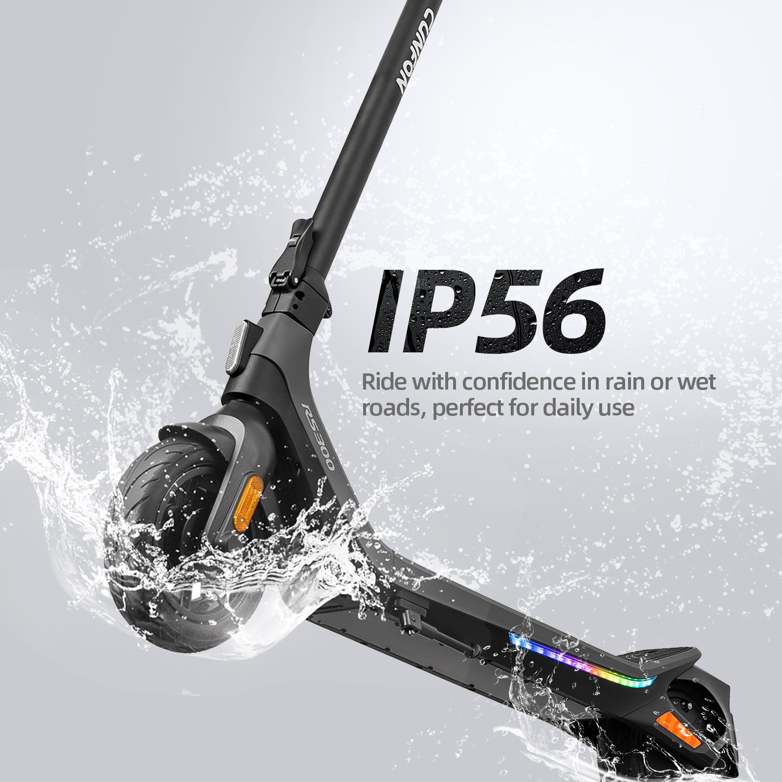 CUNFON RS300 electric scooter IP56 waterproof rating – ride confidently in rain or wet roads, perfect for daily commuting.