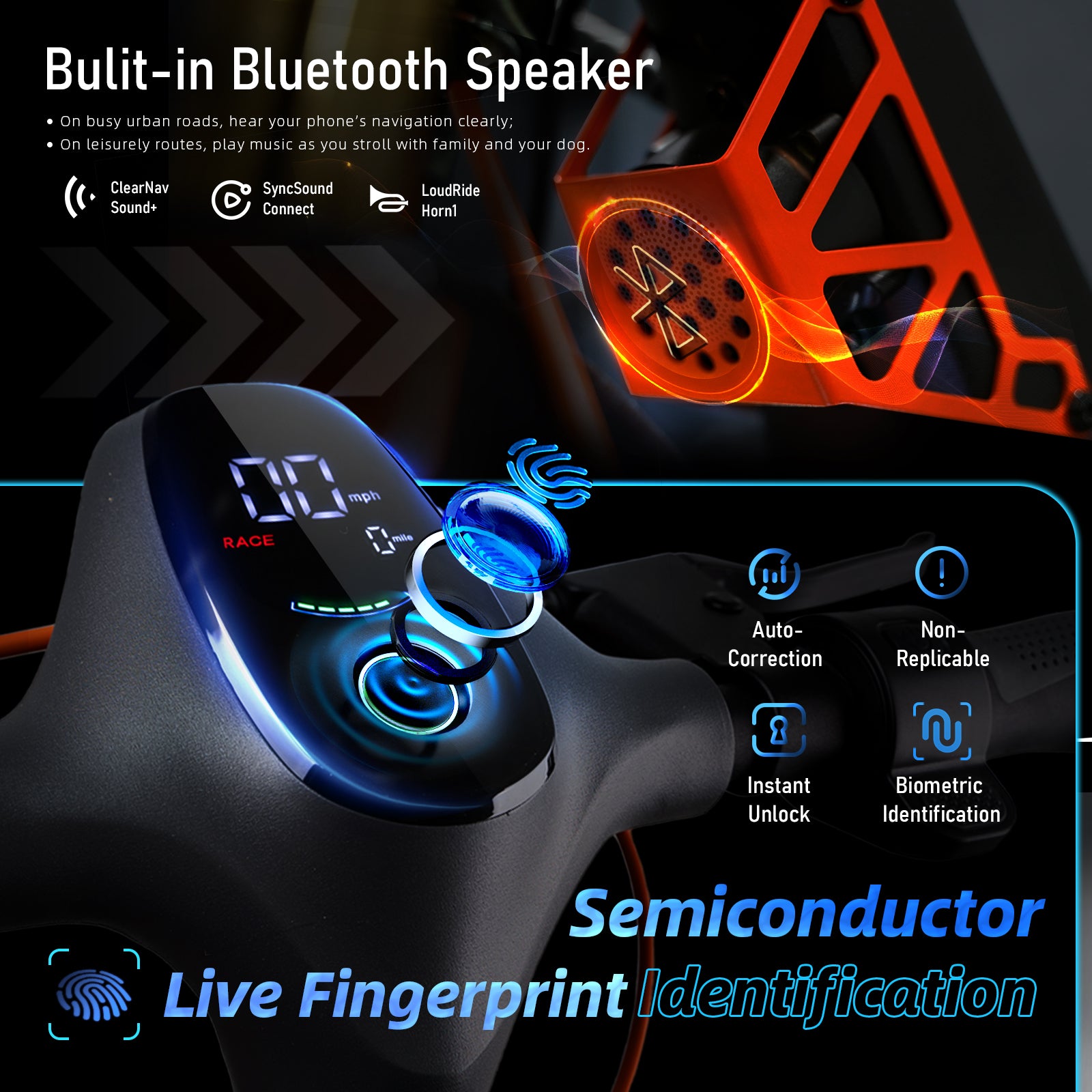 CUNFON RZ1000 built-in Bluetooth speaker with ClearNav Sound+ and semiconductor live fingerprint unlock – smart entertainment and security features.
