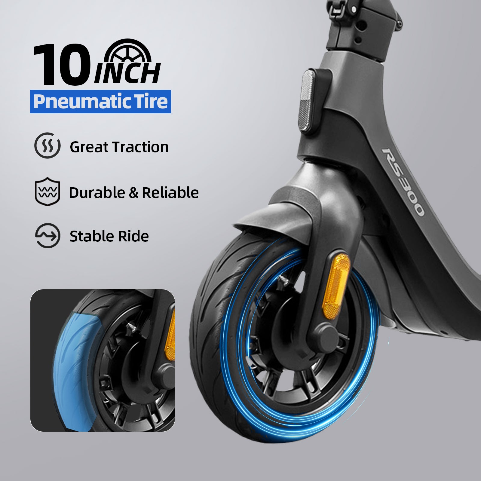 CUNFON RS300 electric scooter with 10-inch pneumatic tires – great traction, durable and reliable for a stable ride on various terrains.