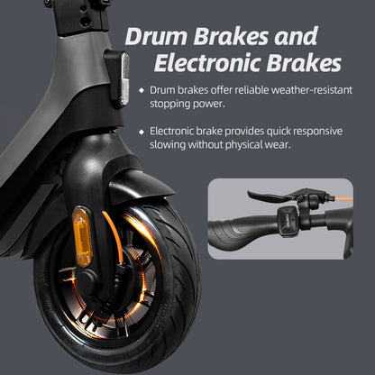 CUNFON RS300 electric scooter dual brake system: drum brakes for weather-resistant stopping power and electronic brake for quick responsive slowing without physical wear.