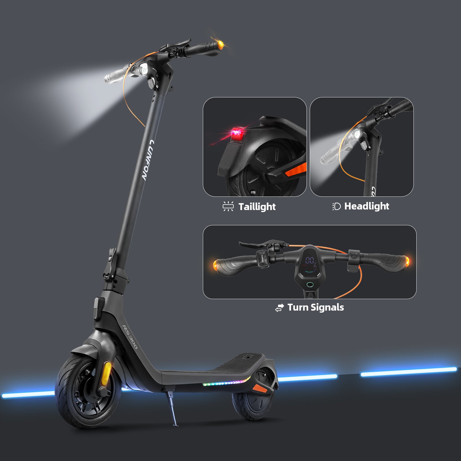 CUNFON RS300 electric scooter lighting system with integrated headlight, taillight, and turn signals for enhanced night visibility and safety.