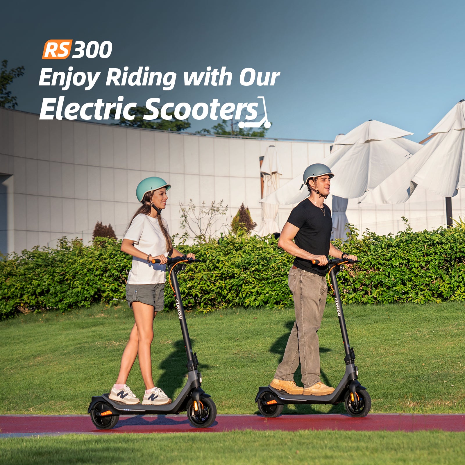 CUNFON RS300 electric scooter with two riders enjoying a smooth urban commute – showcasing real-life usage and riding comfort.