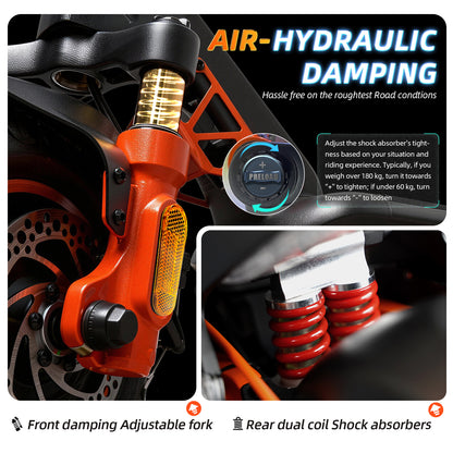 CUNFON RZ1000 electric scooter air-hydraulic damping system with adjustable front fork and rear dual coil shock absorbers for rough road performance.