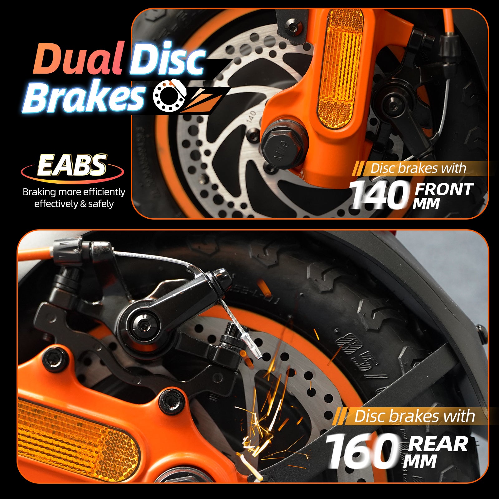CUNFON RZ1000 dual disc brakes with EABS – front 140mm and rear 160mm rotors for efficient and safe braking.