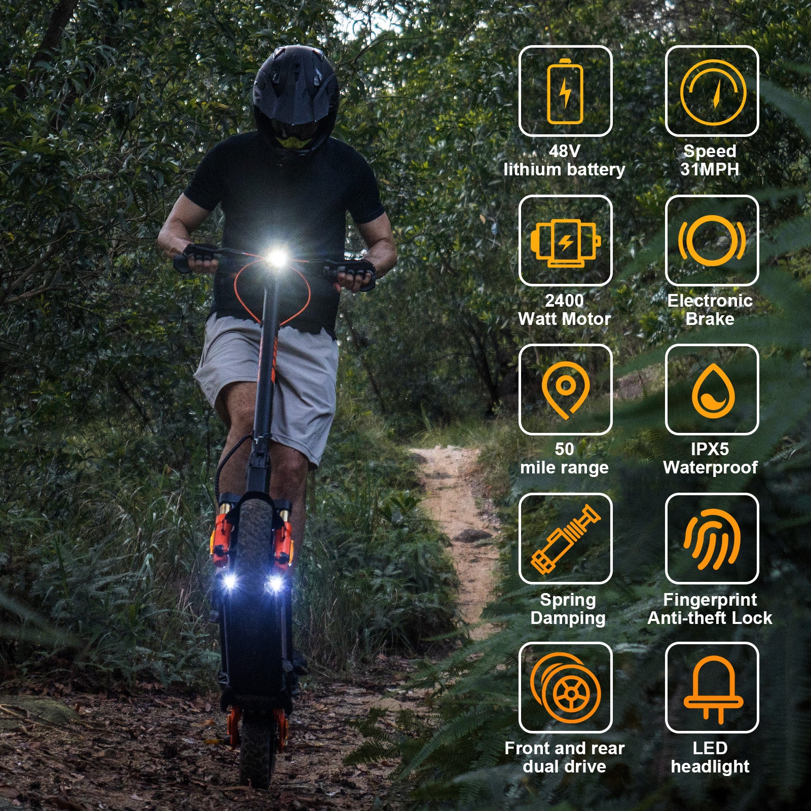 CUNFON RZ1000 electric scooter feature summary: 2400W dual motor, 31 mph, 50-mile range, IPX5 waterproof, fingerprint lock, spring damping, LED headlight, and electronic brake.