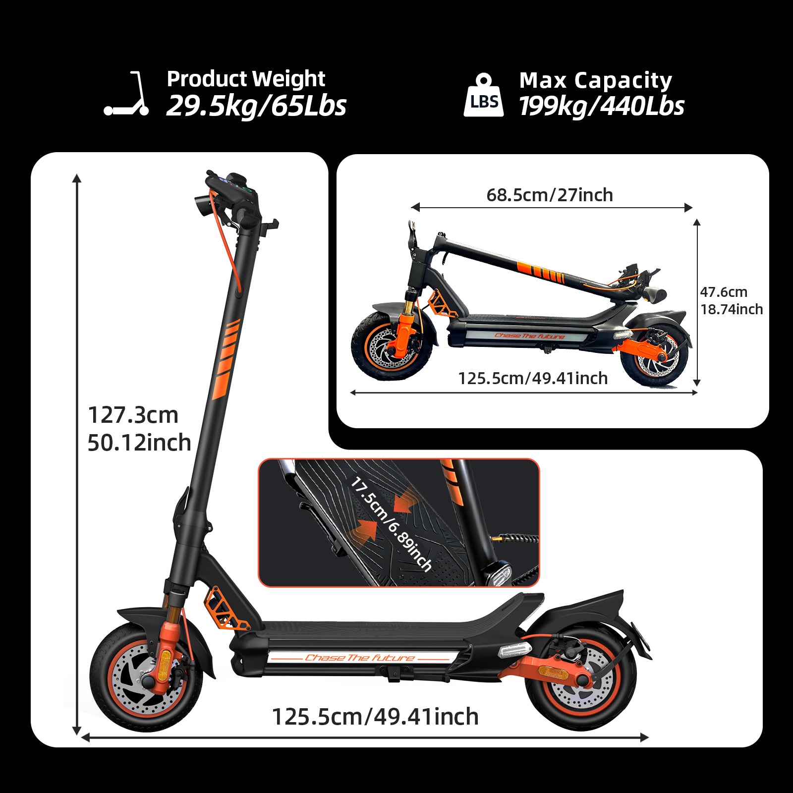 CUNFON RZ1000 folding electric scooter dimensions chart