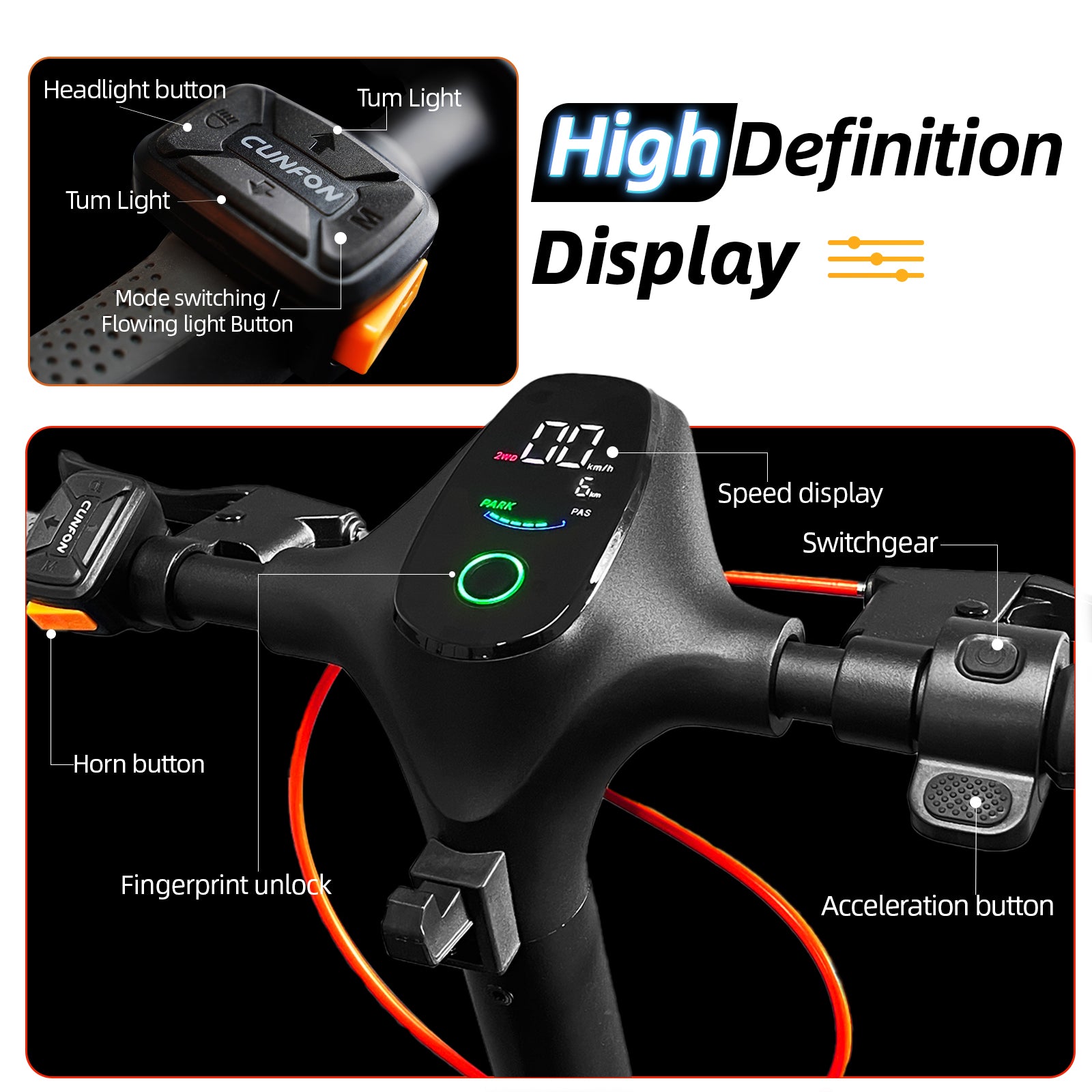 CUNFON RZ1000 handlebar controls: display, headlight button, turn signals, mode switch, horn, fingerprint unlock, and accelerator.