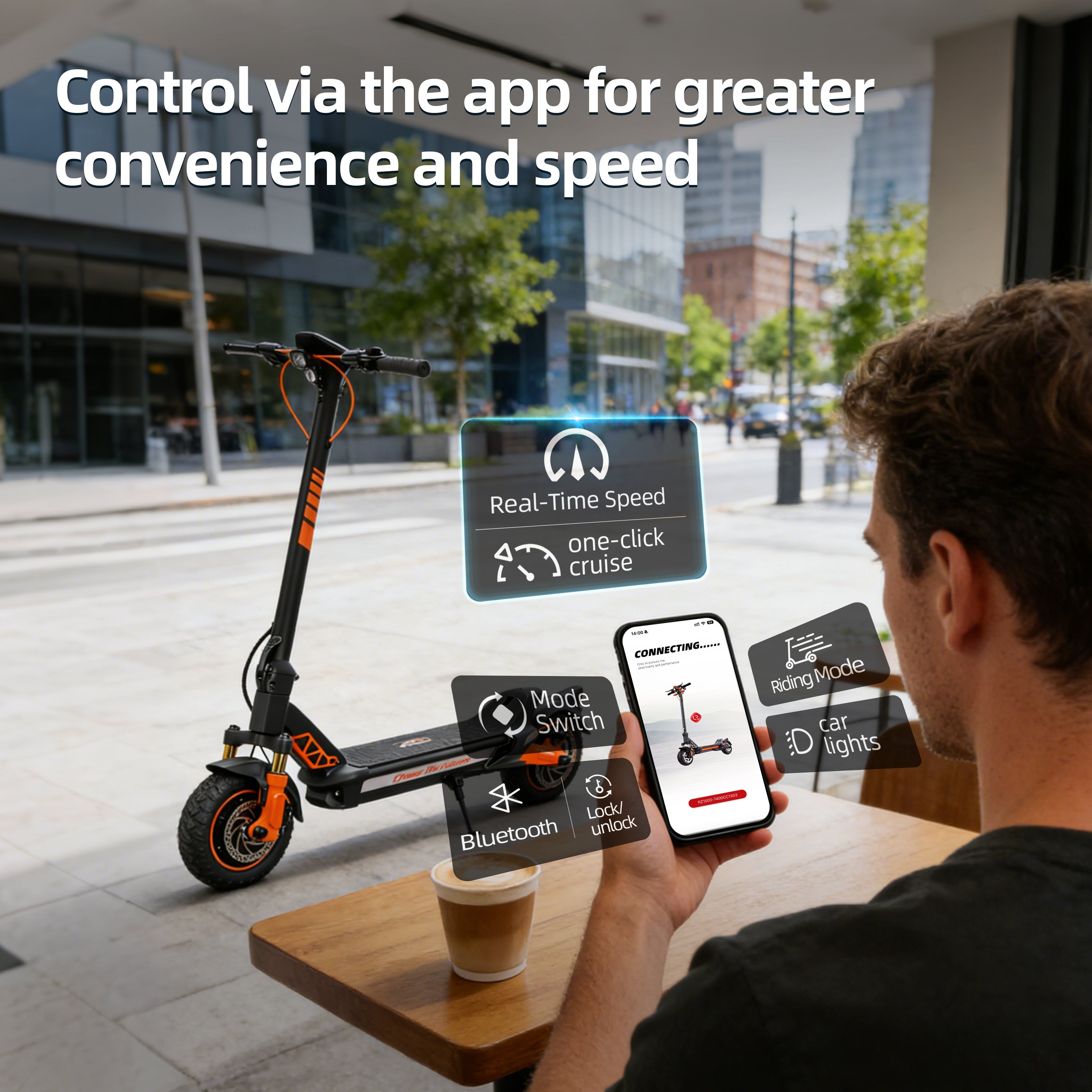 CUNFON RZ1000 app controls: real-time speed, one-click cruise, mode switch, Bluetooth lock/unlock, and car lights. Smartphone interface for enhanced riding convenience.