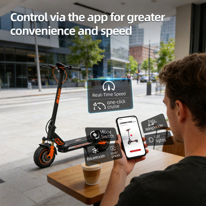 CUNFON RZ1000 app controls: real-time speed, one-click cruise, mode switch, Bluetooth lock/unlock, and car lights. Smartphone interface for enhanced riding convenience.