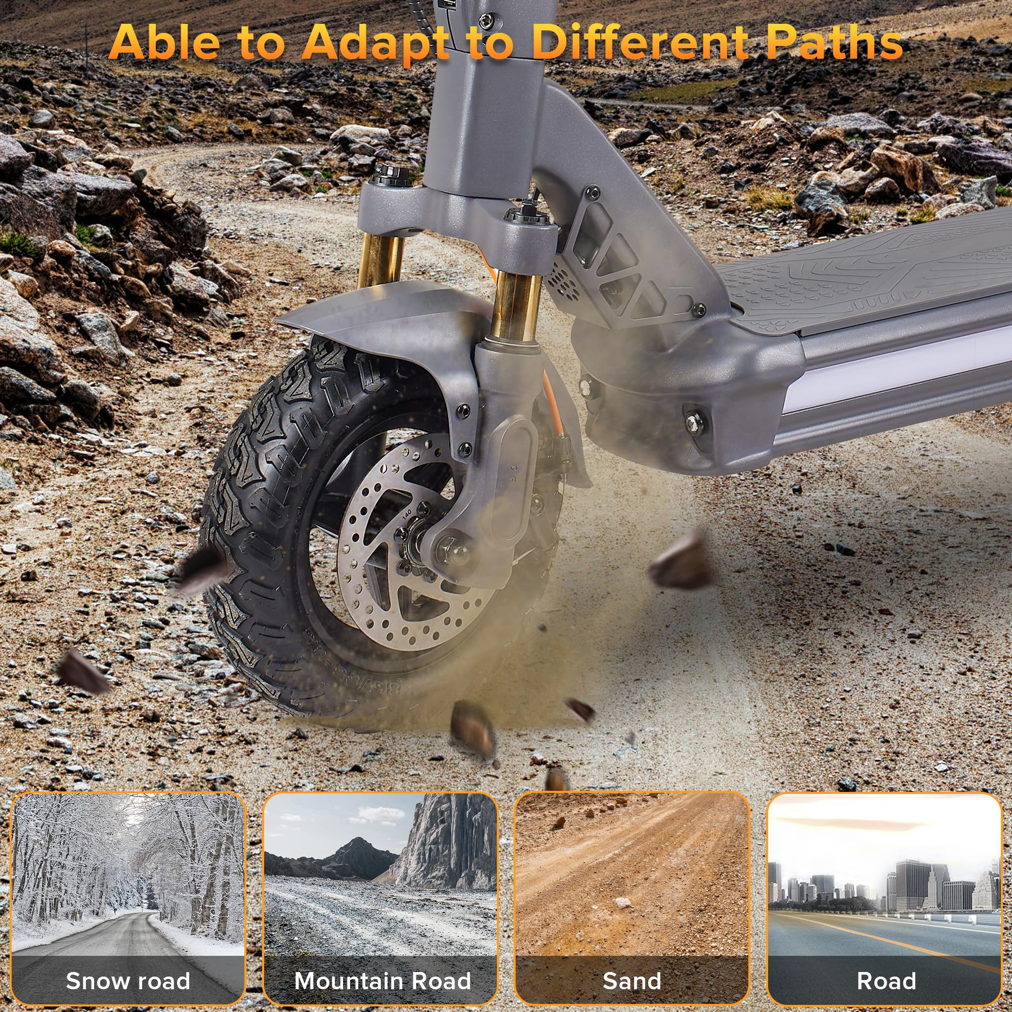 CUNFON RZ800 electric scooter adaptable to multiple terrains: snow, mountain, sand, and regular roads.